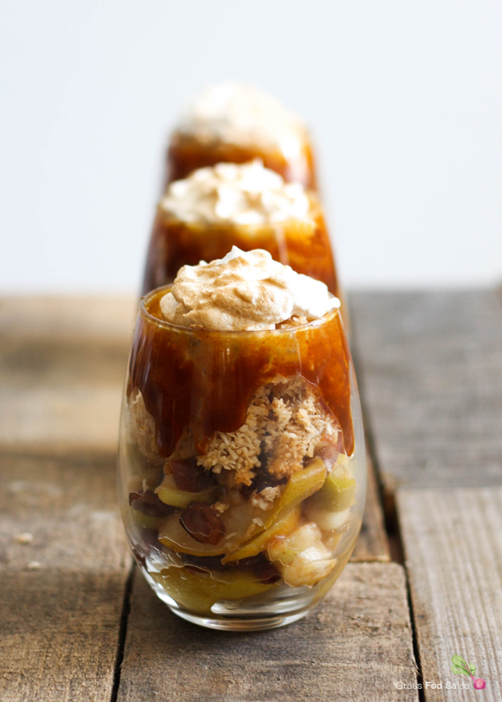 Line of three AIP compliant caramel apple parfaits in glasses on a table